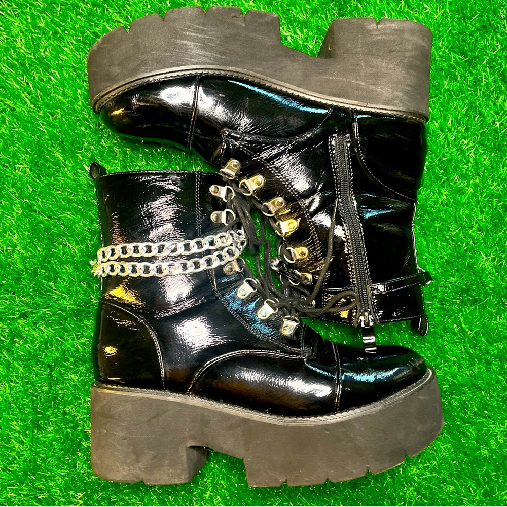 Womens 9 Chain Lace Up Ankle Boots Platform Chunky Heel Casual Goth Biker Shoes